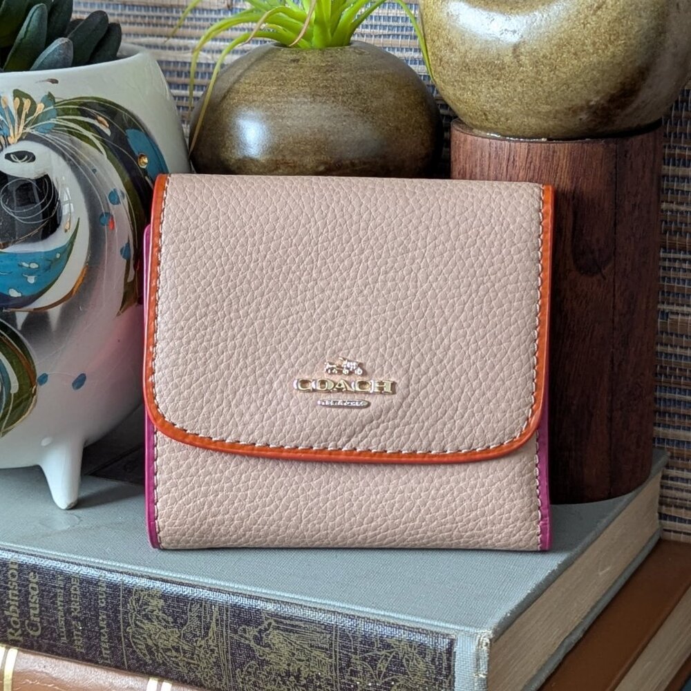 Coach Trifold Wallet Polished Pebble Leather Nude with Pink & Orange Trim DAMAGE